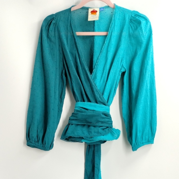 Farm Rio Anthropologie Color Block Teal Swiss Dot Wrap‎ Blouse - Picture 2 of 16